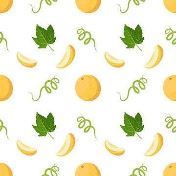 Seamless pattern with melons, curls and leaves. Cute summer print with whole and Stock Illustration