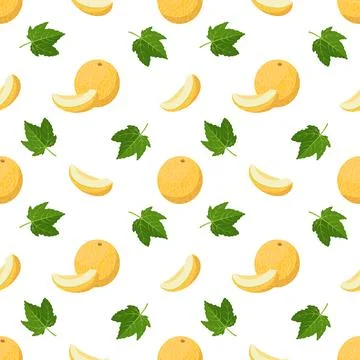 Seamless pattern with melons, curls and leaves. Cute summer print with whole and Stock Illustration