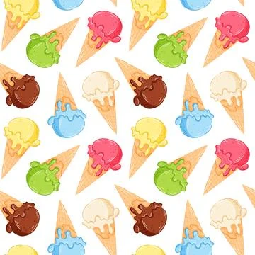 Seamless pattern of melting ice cream scoop in waffle cone in cartoon style Stock Illustration