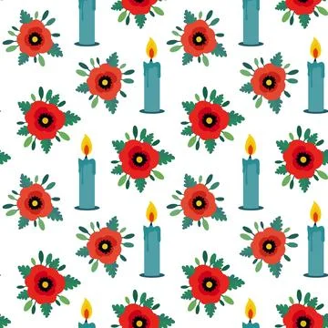 Seamless pattern for Memorial Day pastel colors floral poppies burning cand.. Stock Illustration