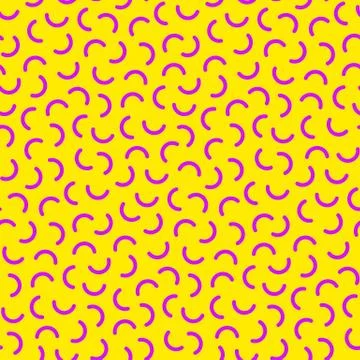 Seamless pattern in the Memphis style of 80's, pink squiggles on a yellow bac Stock Illustration