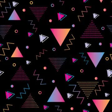 Seamless pattern in memphis style, colorful geometric shapes on dark backgrou Stock Illustration