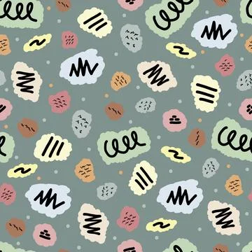 Seamless pattern in memphis style. Zigzags, colorful blots, spirals, dots, lines Stock Illustration
