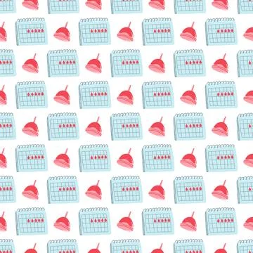 Seamless pattern with menstrual cup and calendar. Cute hand drawn wallpaper.. Stock Illustration