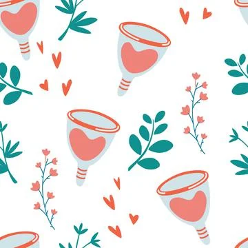 Seamless pattern with menstrual cup. Zero waste periods floral background. Fe Stock Illustration