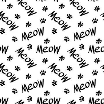 Seamless pattern with meow lettering and paws Stock Illustration