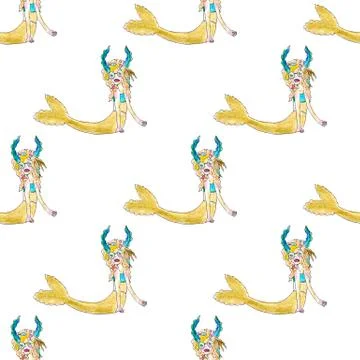 Seamless pattern with mermaid isolated on white background Stock Illustration