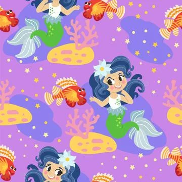 Seamless pattern with mermaid on a seabed vector illustration Stock Illustration