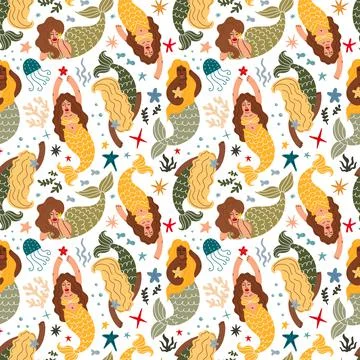Seamless pattern with mermaids and marine life Illustrazione stock