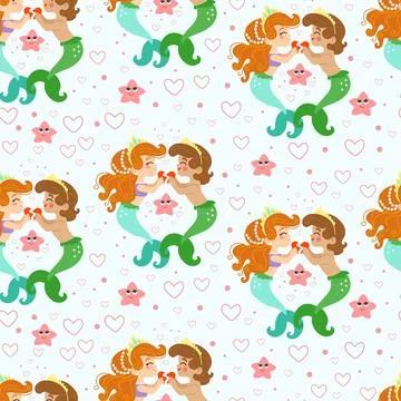 Seamless pattern with mermaids falling in love vector Stock Illustration