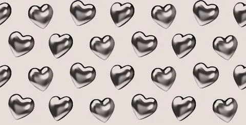 Seamless pattern of metallic chrome hearts on a beige background. Stock Illustration