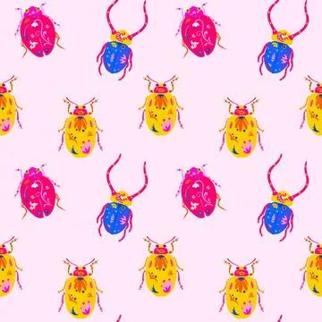 Seamless pattern with Mexican Alebrije Beetles in Folk Art Style Stock-Illustration