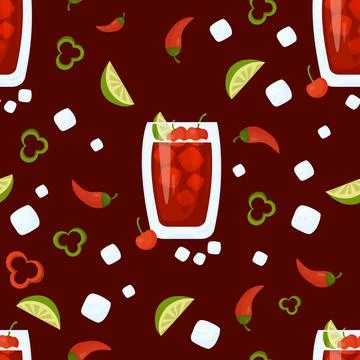 Seamless pattern with Mexican cocktail. Cherry limeade drink in glass with .. Stock Illustration