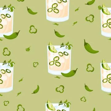 Seamless pattern with Mexican cocktail Spicy Jalapeno Margaritas on green b.. Stock Illustration