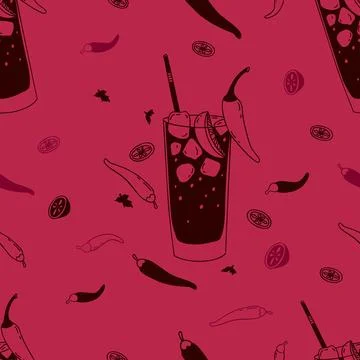 Seamless pattern with Mexican cocktail Vampiro on magenta background with c.. Stock Illustration