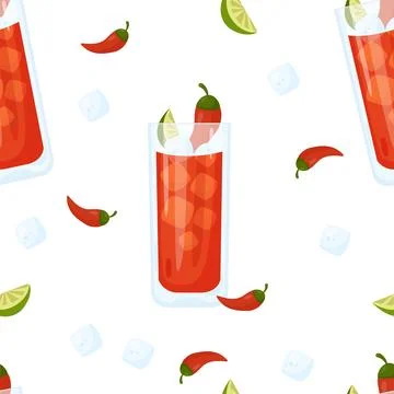 Seamless pattern with Mexican cocktail Vampiro on white background with ice cube Illustrazione stock