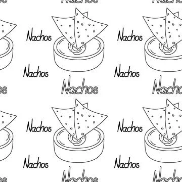 Seamless pattern with Mexican corn chips Nachos and sauce in a bowl with Illustrazione stock