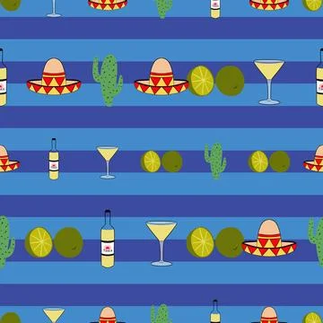 Seamless pattern mexican elements on blue stripes Illustrazione stock
