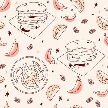Seamless pattern with Mexican Empanadas and corn tortillas with chili peppe.. Illustrazione stock