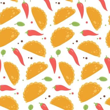 Seamless pattern with Mexican Empanadas with chili peppers on white background Stock Illustration