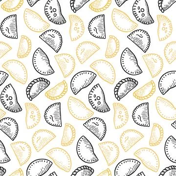 Seamless pattern with Mexican Empanadas in corn tortillas on white background Stock Illustration