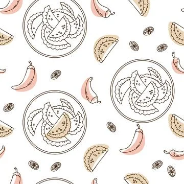 Seamless pattern with Mexican Empanadas on white background with chili peppers Stock Illustration