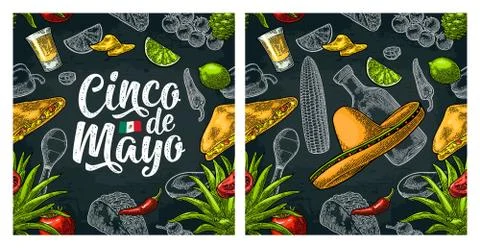 Seamless pattern mexican food and Cinco de Mayo handwriting lettering. Stock Illustration