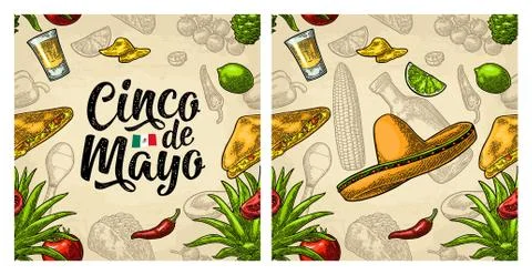Seamless pattern mexican food and Cinco de Mayo handwriting lettering. Stock Illustration