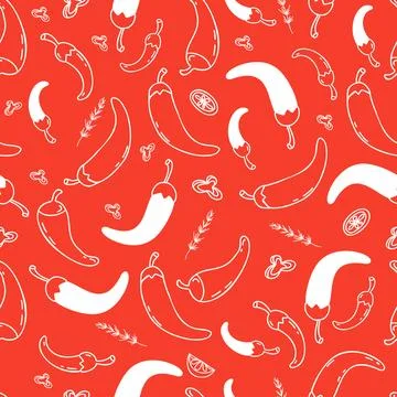 Seamless pattern with Mexican hot chili peppers on red background. Vector i.. Stock Illustration