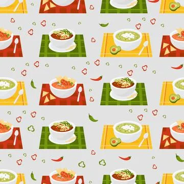 Seamless pattern with Mexican soups. Tomato Soup and green soup with avocad.. Stock Illustration