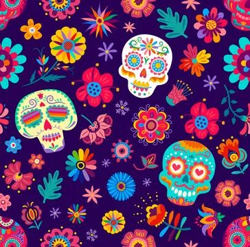 Seamless pattern with Mexican sugar calavera skull Stock Illustration