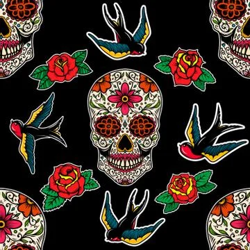 Seamless pattern with mexican sugar skulls, roses and swallows. Design elemen Stock Illustration