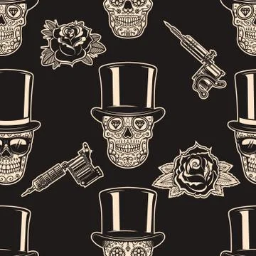Seamless pattern with mexican sugar skulls, tattoo machines and roses. Design Illustrazione stock
