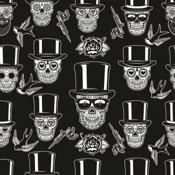 Seamless pattern with mexican sugar skulls, tattoo machines and roses. Design Stock Illustration