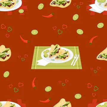 Seamless pattern with Mexican Tacos. latin american food in plate on burgun.. Illustrazione stock
