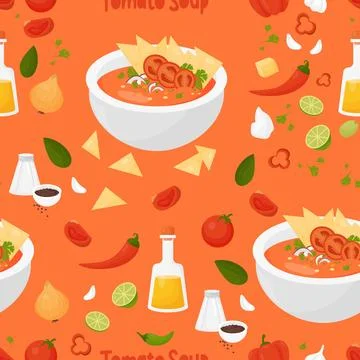 Seamless pattern with Mexican Tomato Soup on orange background with product.. Stock Illustration