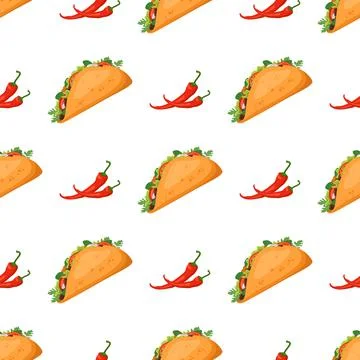 Seamless pattern with Mexican traditional taco food and hot peppers Stock Illustration
