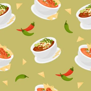 Seamless pattern with Mexican traditional Tomato Soup with tortilla chips o.. Stock Illustration