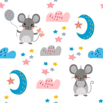 Seamless pattern with mice, moon, clouds, stars Stockillustratie