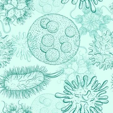Seamless pattern with microbes and viruses. Stock Illustration