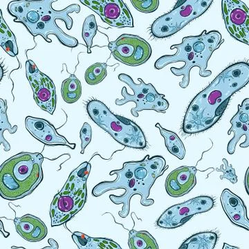 Seamless pattern with microorganisms on blue background Stock Illustration