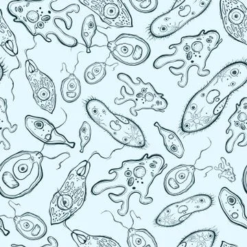 Seamless pattern with microorganisms on blue background Illustrazione stock