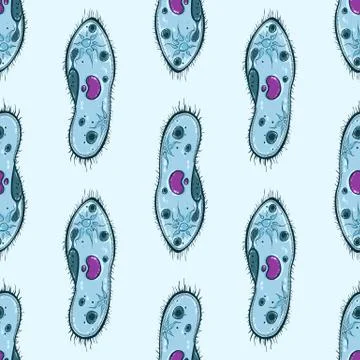 Seamless pattern with microorganisms Paramecium on blue background Illustrazione stock