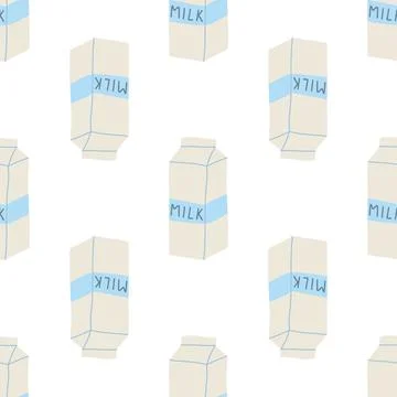 Seamless pattern of milk cartons in hand drawn doodle line style. vector Stock Illustration