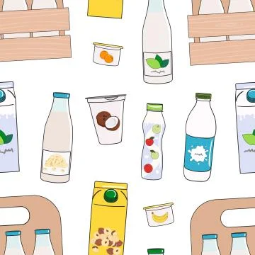 Seamless pattern of milk, dairy products and vegan milk alternatives Stock Illustration