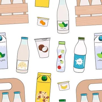 Seamless pattern of milk, dairy products and vegan milk alternatives Stock Illustration