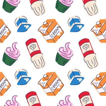 Seamless pattern with milk whipped cream, yogurt, cupcake in flat style. Design Stock Illustration