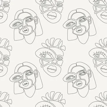 Seamless pattern with minimalist contemporary portrait surreal face Stock Illustration