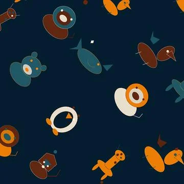 Seamless Pattern with Minimalist Geometric Animals on Dark Blue Background 스톡 일러스트