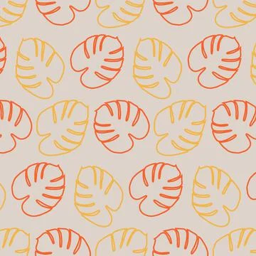 Seamless pattern in a minimalist style featuring exotic monstera leaves in muted Stock Illustration